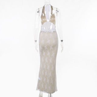 Halter v neck lace backless maxi dress