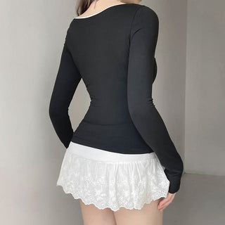 Long sleeve lace hem bowknot round neck top