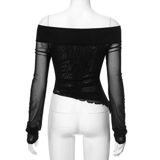 Long sleeve off shoulder mesh ruffle irregular top