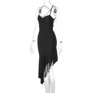 Ruched irregular cross back ruffle cami midi dress