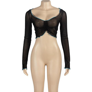 Long sleeve stitch sheer mesh ruffle crop top