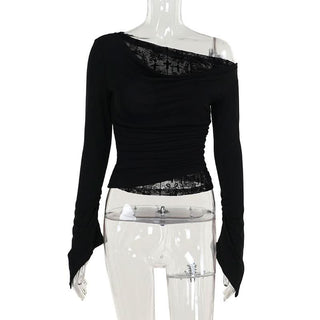 Off shoulder long flared sleeve mesh patchwork top