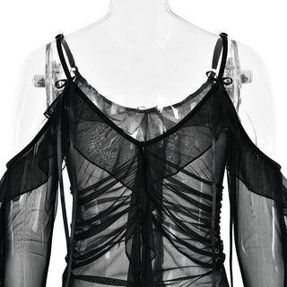 Long flared sleeve Off shoulder sheer mesh ruffle mini dress