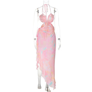 Halter flower applique ruffle backless slit maxi dress