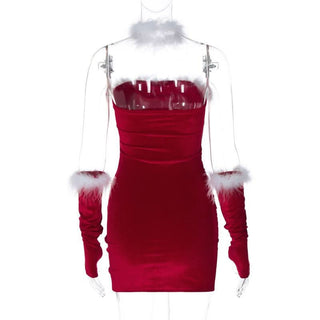 Ruched feather gloves backless tube mini dress
