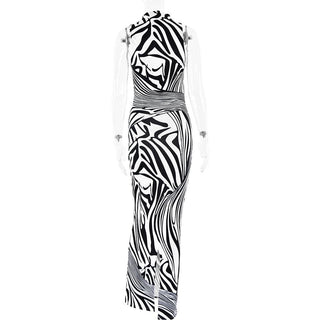Zebra print hollow out high neck cut out maxi dress