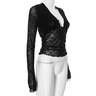 Long sleeve mesh polka dot ruffle solid top