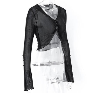 Sheer mesh see through button hollow out long sleeve crop cut out top