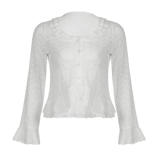 Long sleeve ruffle button solid top