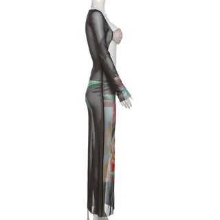 Long sleeve mesh hollow out print see through cut out maxi dress