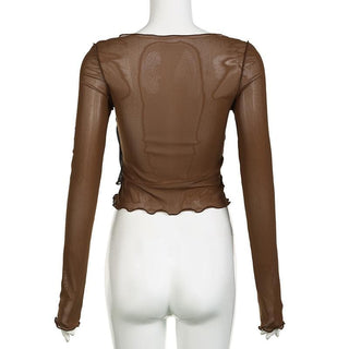 Long sleeve v neck ruched ruffle print sheer mesh stitch top
