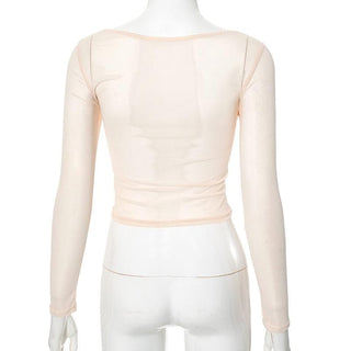 Long sleeve sheer mesh off shoulder ruched crop top