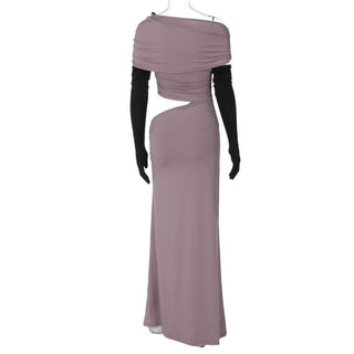 One shoulder gloves ruched hollow out cut out maxi dress