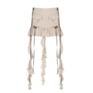 Ruffle ribbon zip-up bowknot button pocket mini skirt