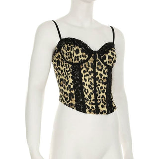 Leopard print sweetheart neck lace hem cami top