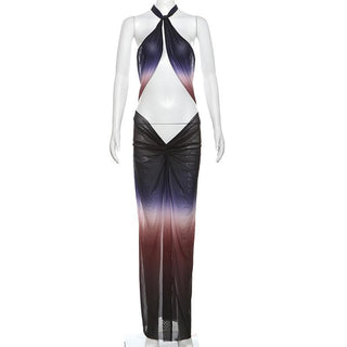 Ruched halter self tie cross front sheer mesh gradient maxi dress