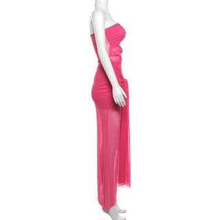 Mesh ruched hollow out see through tube cut out maxi dress
