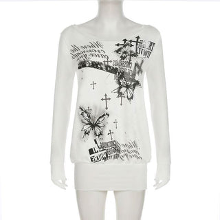 Long sleeve butterfly print backless top