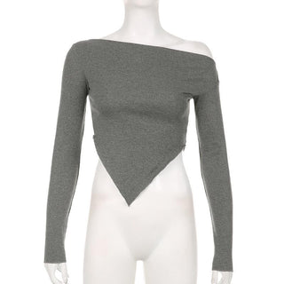 Long sleeve irregular slit off shoulder solid top