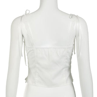Ruched lace hem button bowknot ribbon cami top