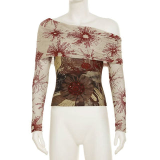 Off shoulder long sleeve mesh contrast top