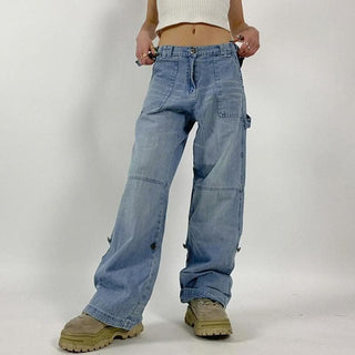 Hollow out belt patchwork button applique jeans-final-sale