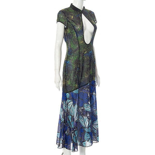 Short sleeve hollow out slit butterfly print see through cut out midi dress