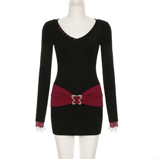 Long sleeve v neck butterfly metal buckle mini dress