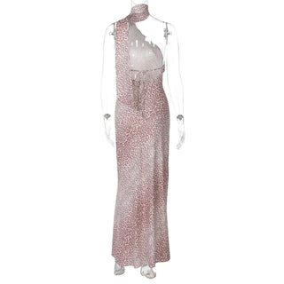 Irregular halter leopard print contrast maxi dress