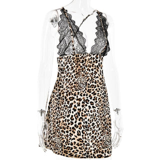 V neck leopard print lace see through cami mini dress
