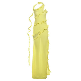 One shoulder ruffle irregular high slit maxi dress