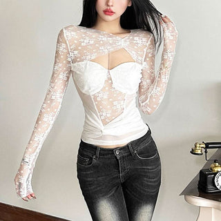Long sleeve hollow out ruched lace cut out top