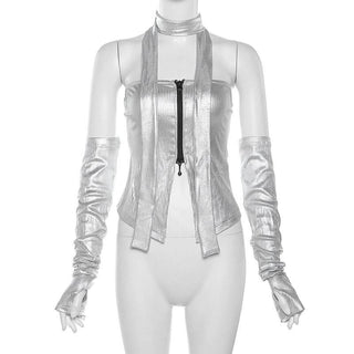 Metallic gloves zip-up tube top