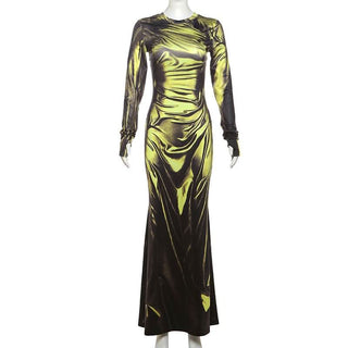 Long sleeve crewneck ruched print maxi dress