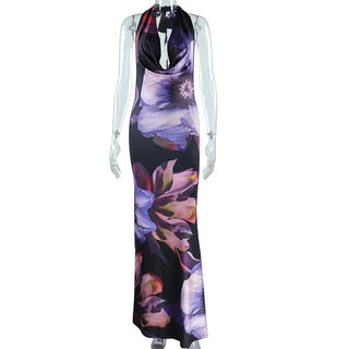 Halter cowl neck backless flower print maxi dress