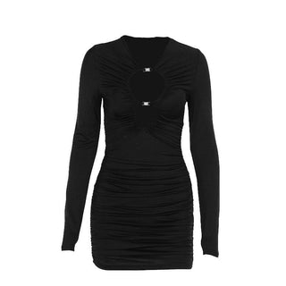 Long sleeve ruched buckle hollow out cut out mini dress