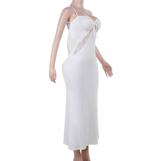 Self tie cross back v neck lace ruched midi dress