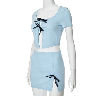 Short sleeve bowknot crop mini skirt set