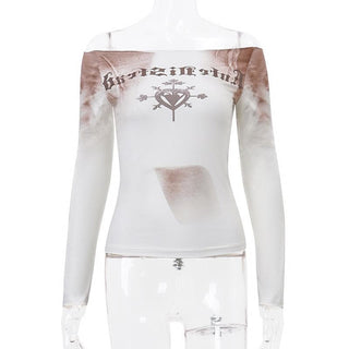 Long sleeve off shoulder tie dye abstract contrast top