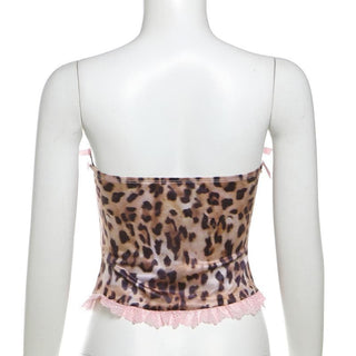Bowknot leopard print lace hem backless tube top