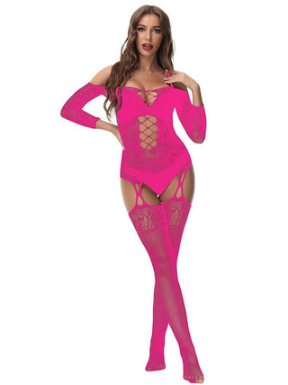 Long sleeve off shoulder lace fishnet strappy bodystocking