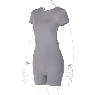 Short sleeve crewneck solid backless hollow out romper