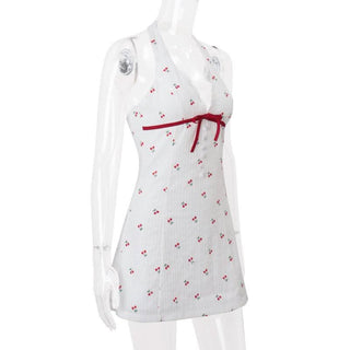 Halter v neck cherry print bowknot mini dress