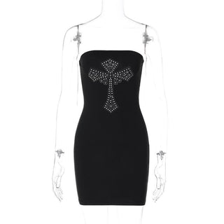 Cross pattern beaded backless tube mini dress