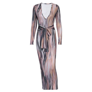 Long sleeve deep v neck knotted print maxi dress