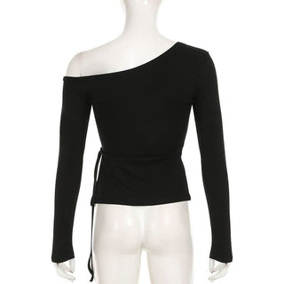 Long sleeve one shoulder slit self tie top