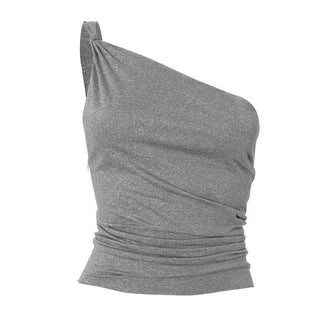 One shoulder ruched irregular knotted solid top