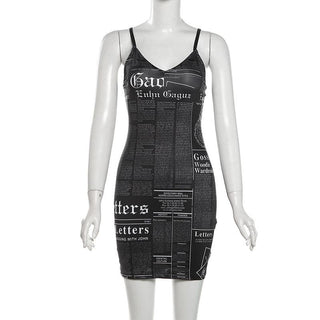 V neck letter print backless cami mini dress