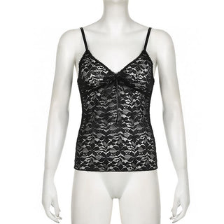 Lace see through solid v neck cami top