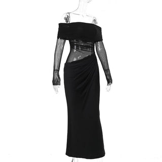 Long sleeve off shoulder mesh ruched maxi dress